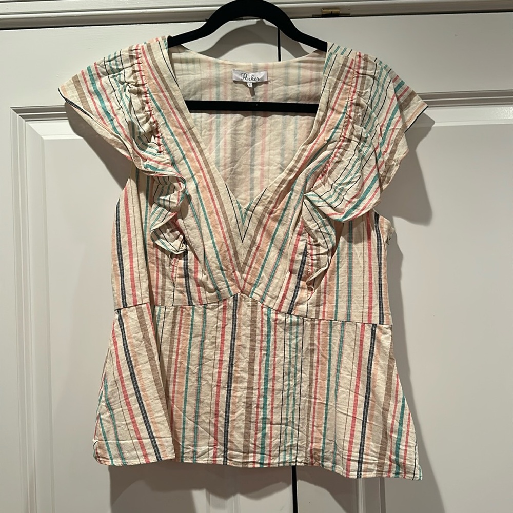 Parker- Cotton Striped Top with Flutter Sleeves